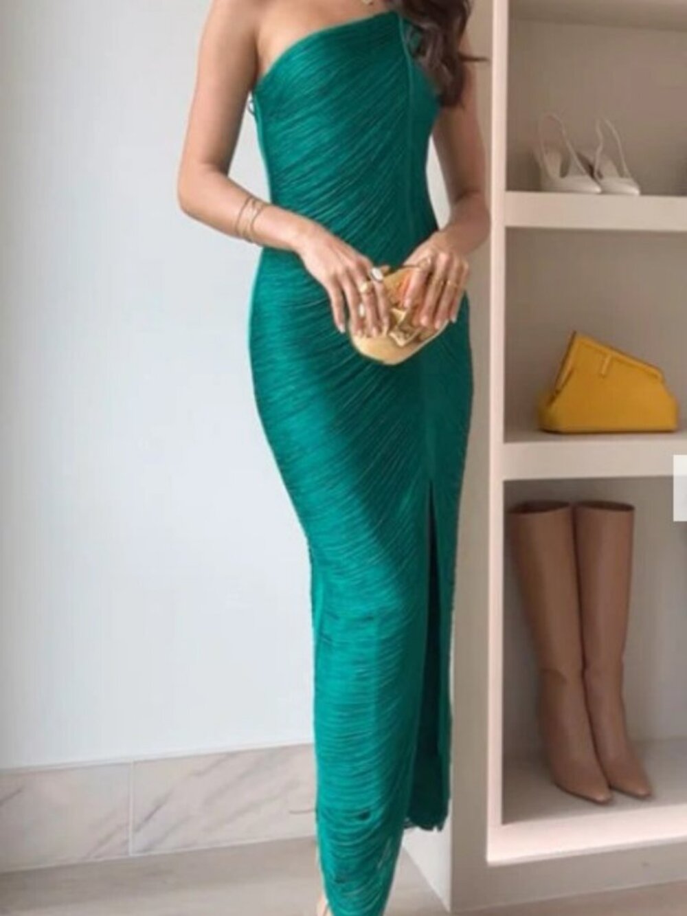 Sleeveless One Shoulder Slit Fringe Maxi Party Dress